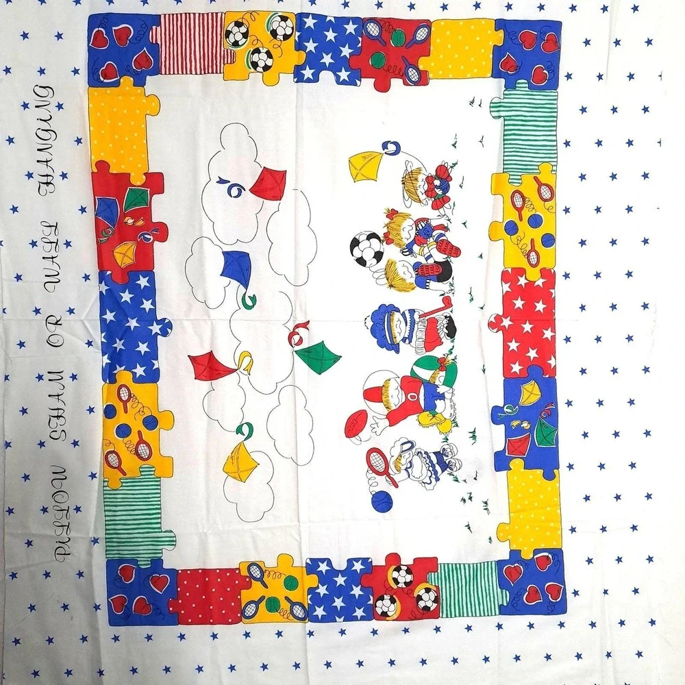 Vintage Kids Sports Fabric Panel 35x44 Pillow Sham Wall Hanging White Multi‎
